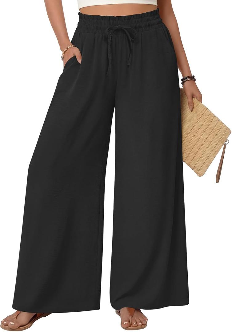 Netsmile Women's Wide Leg Palazzo Pants Dressy Flowy Casual High Waist Drawstring Beach Boho Trousers with Pockets