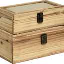 DECOR4SEASON Decorative Storage Boxes with Hinged Lid, 2 Pcs Memory Box for Keepsakes, Wooden Treasure Chest Box, Large Vintage Craft Box Trunk Basket for Men, Kids, Jewelry, (Linen Lid, White) (Natural Brown)