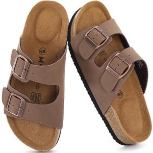 Cork Footbed Sandals Women, Comfortable Beach Double Buckle Slip-On with Genuine Suede Footbed & Memory Foam Arch Support Slides Flats for Women Footwear