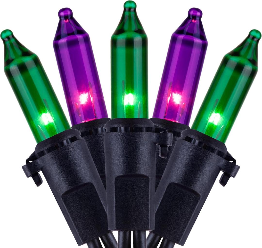 YULETIME 200 Green & Purple Halloween Lights with Black Wire, Pack of 2 Sets 33 ft 100 Count UL Certified Christmas String Lights (Green & Purple)