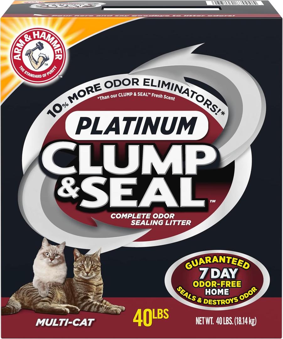 ARM & HAMMER Clump & Seal Platinum Cat Litter, Multi-Cat Clumping Litter Forms Rock-Hard Clumps, Powerful Odor Eliminators with Baking Soda, 14-Day Odor Control, 27.5 lbs