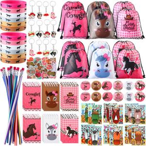 Liliful 140 Pcs Cowgirl Party Favors Horse Themed Party Supplies Include Cowgirl Drawstring Bag Keychain Rubber Wristbands Badges Puzzle Stickers Pink Notepads Pencils for Disco Western Birthday