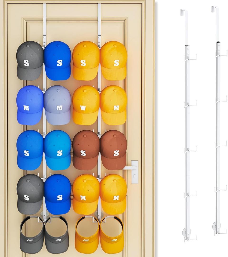 SWTYMIKI Over Door Hat Organizer - 2 Packs Metal Wall Mounted Hat Rack with 5-Tier Dual Hooks Design, Hanging Baseball Cap Organizer Storage Holds up to 40 Caps for Door, Bedroom, Closet(White)