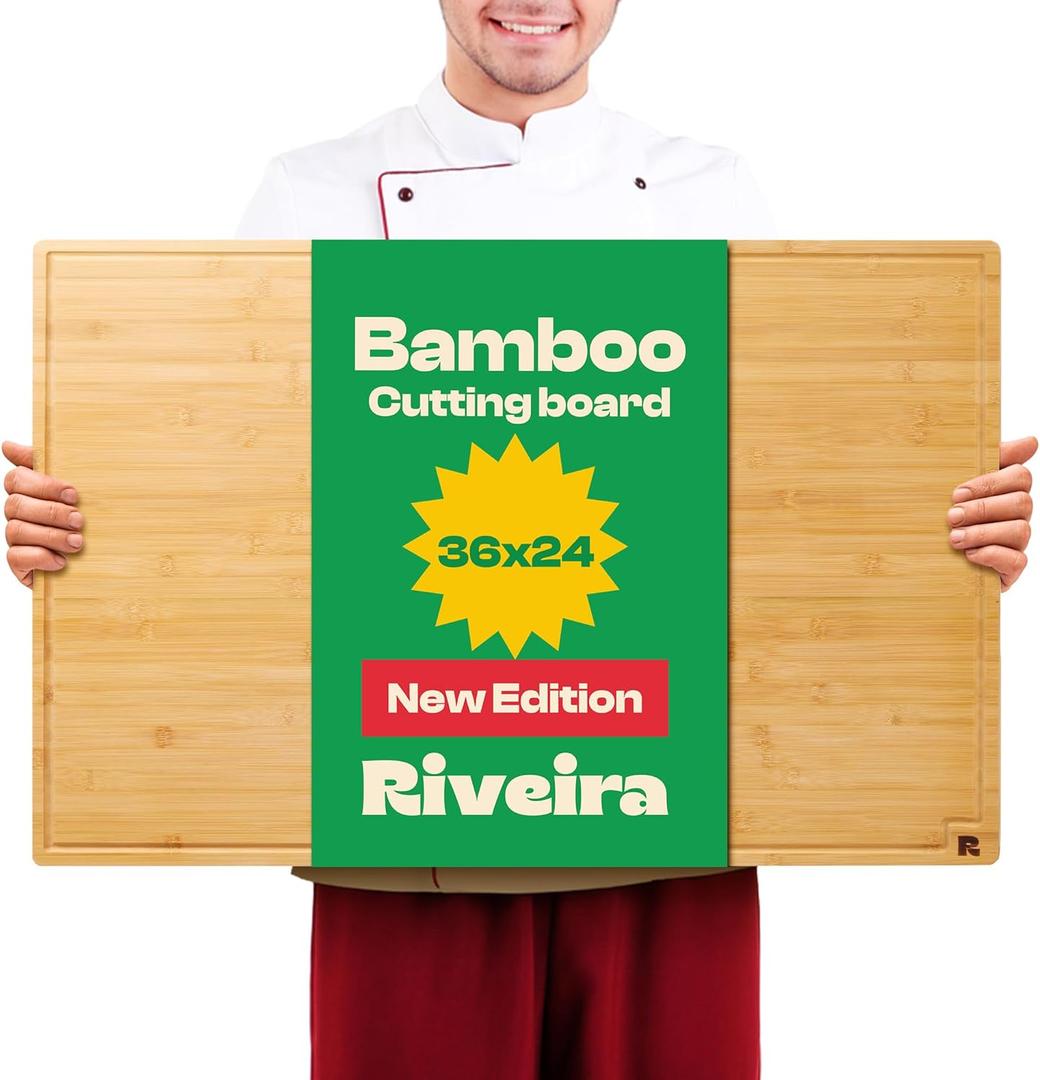 Riveira White Bamboo Wood Cutting Board  Gourmet Bamboo Grandeur: 36 x 24 Wooden Cutting Board  Wooden Cutting Boards For Kitchen Decorative  Innovative Juice Grooves Wooden Chopping Board
