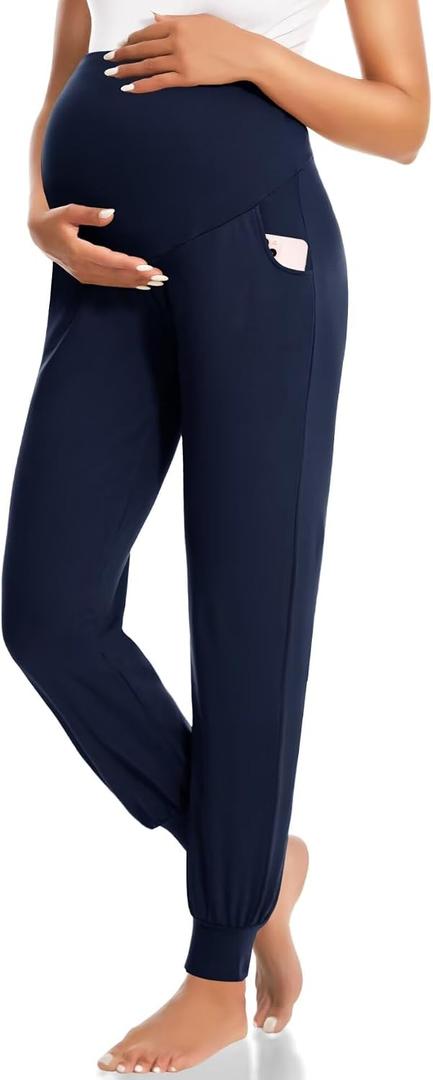 HIGHDAYS Maternity Pants with Pockets, Over Belly Maternity Leggings, Thick Pregnancy Joggers Sweatpants for Active Workout (Black, S)