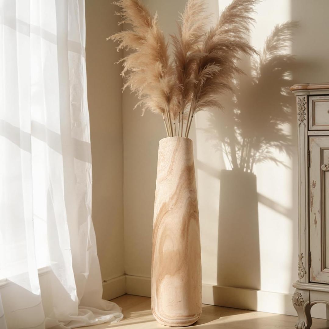 Tall Wooden Floor Vase for Pampas Grass – 22" Solid Wood Decorative Vase