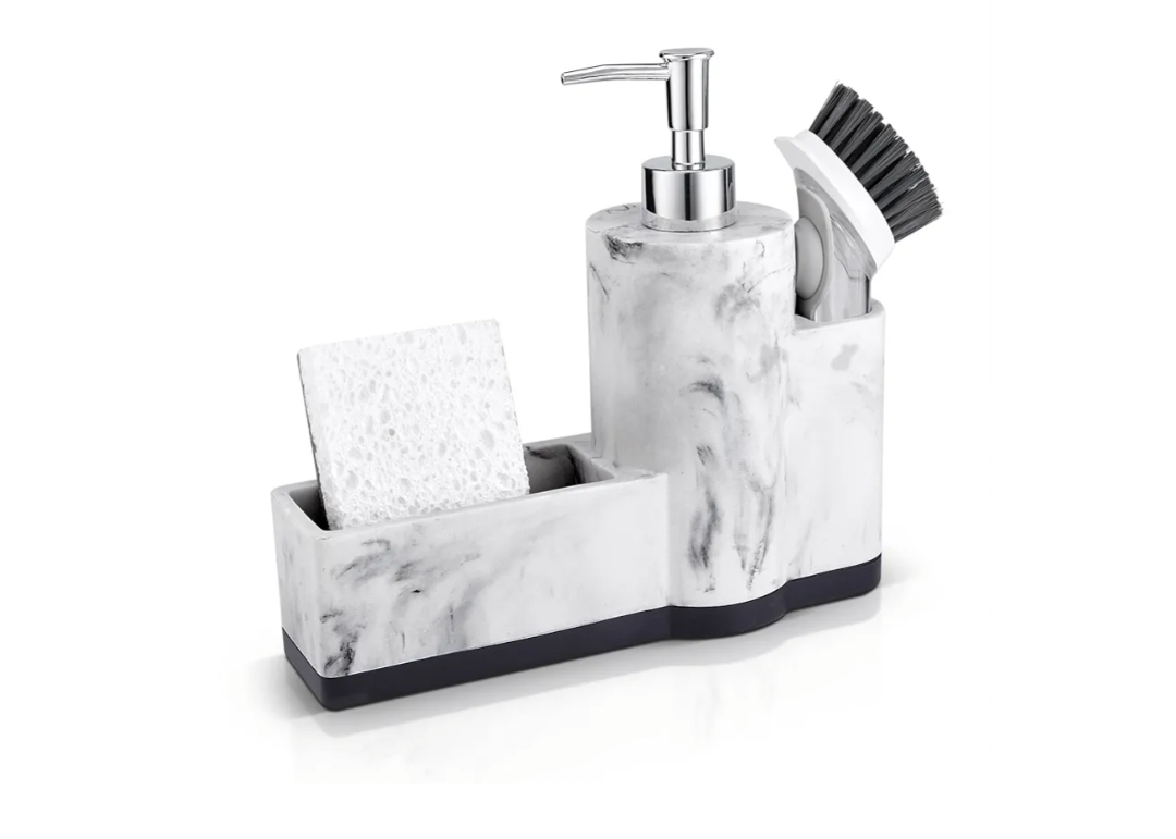 ZCCZ Sink Caddy Kitchen Organizer - Dish Sponge Holder with Soap Dispenser - Elegant White Marble Look Sink Tray - Compact Storage Solution for Kitchen Essentials and Accessories