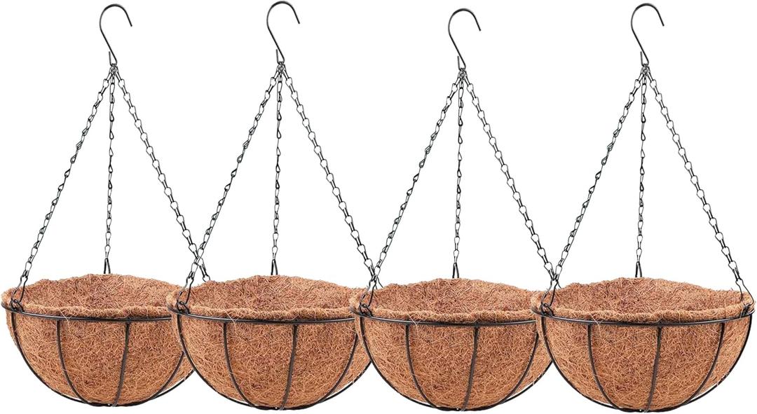 LaLaGreen Hanging Baskets for Outdoor Plants (4 Pack, 14 Inch) Large Hanging Planter with Coco Liner Round Flower Pots, Black Metal Wire Plant Holder Hook Deck Porch Modern Garden Balcony Rustic Decor