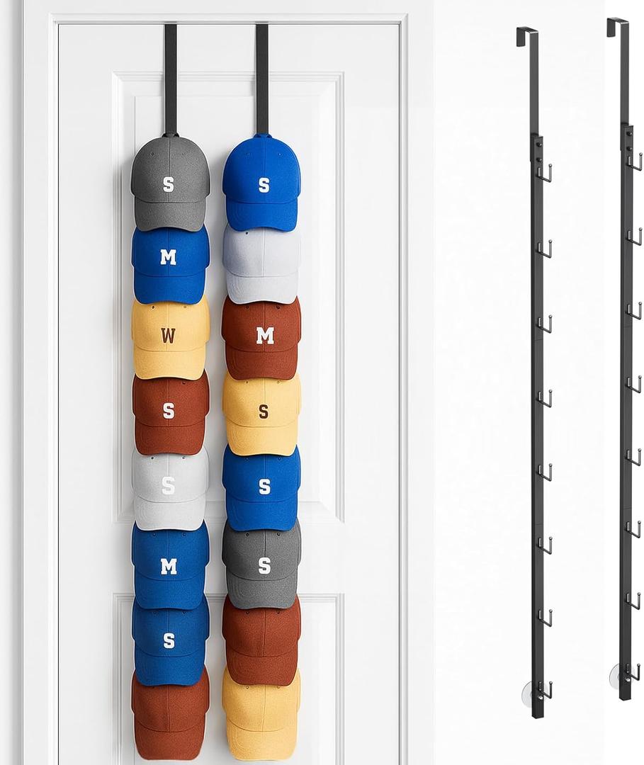 SWTYMIKI Over Door Hat Organizer - 2 Packs Metal Wall Mounted Hat Rack with 16 Hooks Design, Hanging Baseball Cap Organizer Storage Holds up to 32 Caps for Door, Bedroom, Closet (Black)