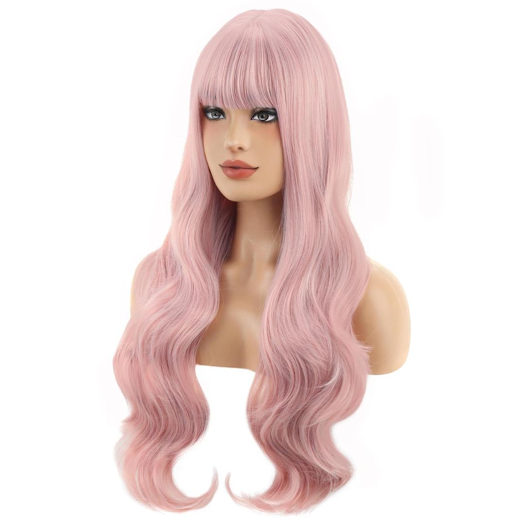 BERON Pink Wig Long Wavy Wig with Bangs Synthetic Wigs Long Pink Wigs for Daily Party with Hairnet