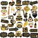 Howaf 16th Birthday Photo Booth Props, 40Pcs Black Gold Funny 16th Birthday Photo Props DIY Decoration Accessories Glasses Hat Moustache Necktie, Gift for 16th Happy Birthday Party Favor Supplies