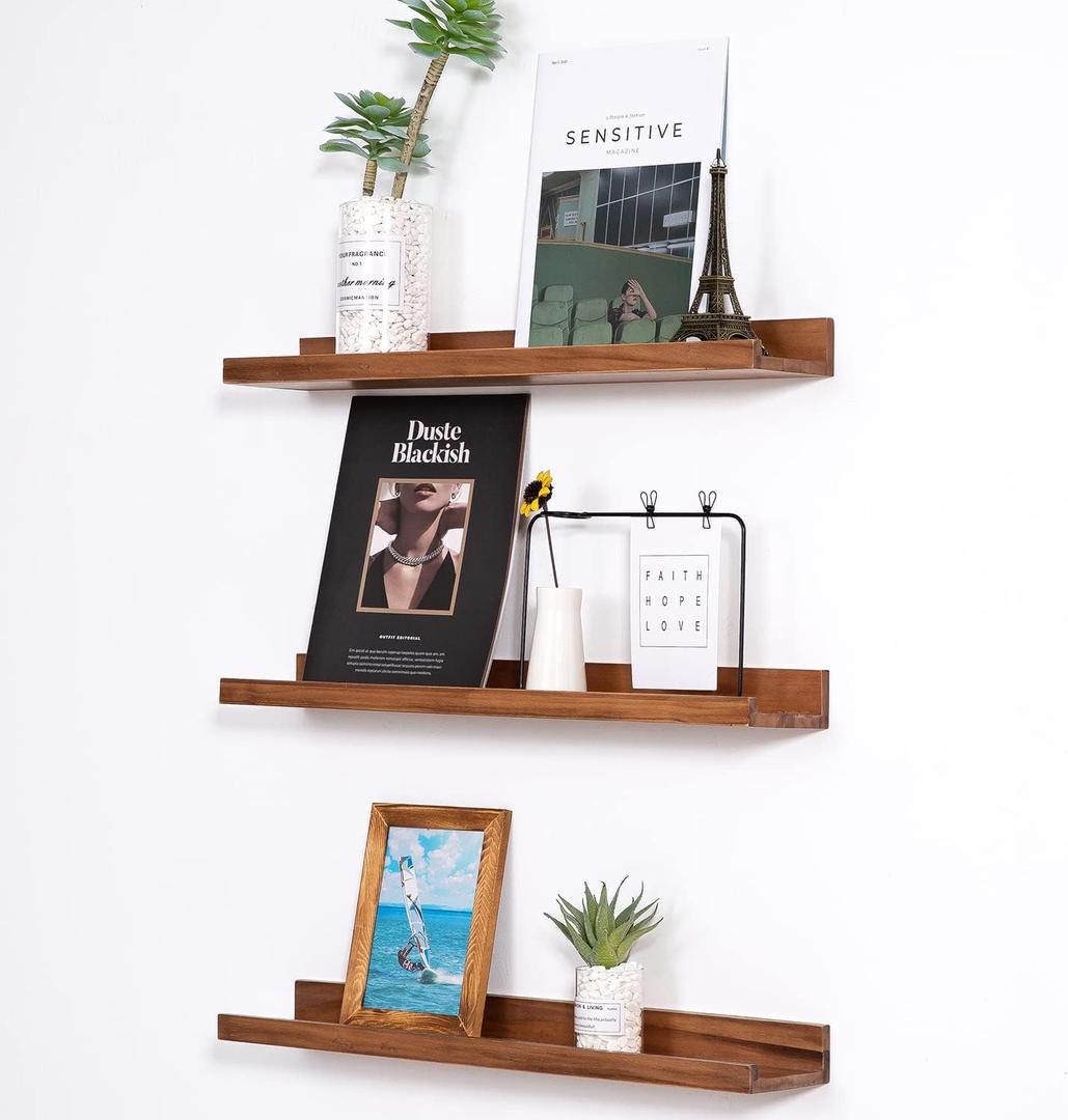 MBYD Floating Wall Shelves Wood Photo Picture Ledge Shelf, 24 Inch Light Walnut Nursery Kids Bookshelf 3 Same Sizes, Kitchen Spice Rack Bathroom Storage Shelves, Wall Mounted Shelves for Bedroom, Set of 3 24 in