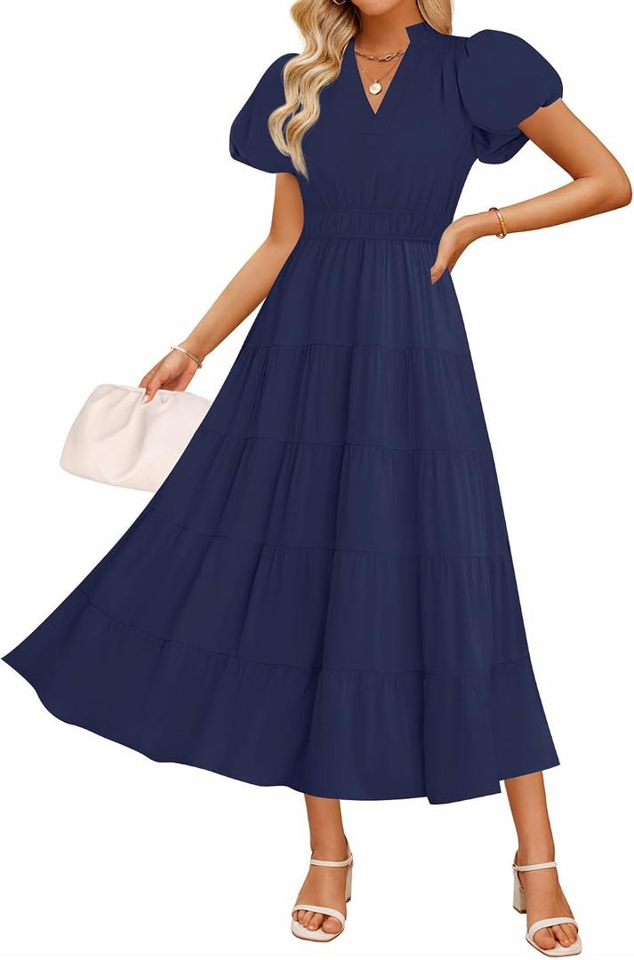ZESICA Women's Summer Casual Maxi Dress 2026 Puff Short Sleeve V Neck Ruffle Tiered Flowy Boho Beach Dresses (Blue, L)