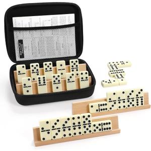Jumbo Dominos Set for Adults with 4 Wooden Racks/Trays, Double 6 Dominoes Travel Set with Portable Case Double Six Dominoes Set with 4 Tiles Holders, 28 Tiles Dominos Set for Family Board Games (White)