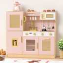 Babytronic Wooden Kitchen Playset for Kids - Pink Pretend Play Kitchen with Lights & Sounds, Retro Style Toy Kitchen for Toddlers Ages 3+, Wooden Play Kitchen Set with Realistic Design (Pink)
