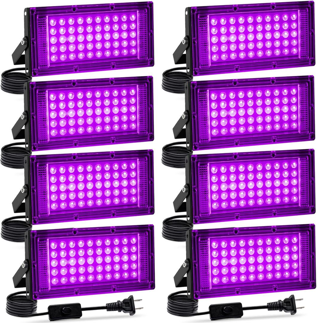 8 Pack 50W Black Light, LED Blacklight Flood Light with US Plug and Switch, Black Lights for Glow Party,Halloween,Body Painting,Birthday Party,Fluorescent Painting and Fluorescent Tapestry