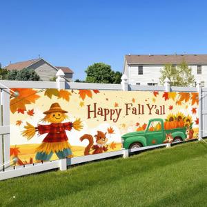 Happy Fall Garden Fence Banner 118 x 20 inchs Autumn Thanksgiving Outdoor Decoration Green Truck Pumpkin Holiday Harvest Welcome Hanging Backdrop for Garden Fence Yard Lawn Porch