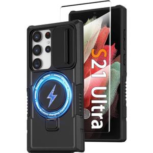 For Samsung Galaxy S21 Ultra Magnetic Case with Ring Stand [Compatible with MagSafe] [Screen Protector] [Military-Grade Protection] Heavy Duty Rugged Shockproof Case with Slide Camera Cover, Black