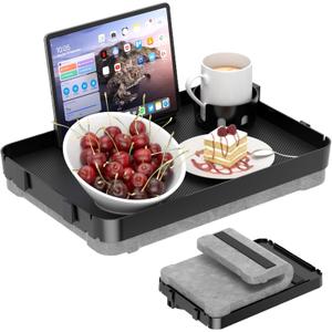 Lap Tray with Cushion Plastic Lap Desk with Cushion 15.5”Large Breakfast in Bed Tray with Removable Cushion & Cup/Phone Holder, Lap Table with Laptop Pocket for Couch TV Adults Eating Gaming Black