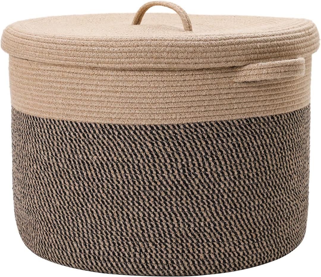 Cottonphant 20" x 20" x 15" Modern Jute/Black Mix Cotton Rope Storage Basket with Lid, Extra Large Laundry Hamper, Cloth Bin, for Clothes, Towels, Blankets, Pillows Storage in Living Room