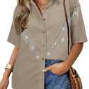 Nlife Women's Sparkly Fringe V Shaped Western Cowgril Button Down Shirt (Beige)