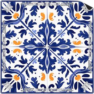 Mediterranean Blue Mahjong Mat 31.5 x 31.5 In, Vintage Blue and Orange Tile Mahjong Mat for Table, Non-Slip Noise Reduction Game Table Cover for Card Poker Dominoes Dice and Board Games