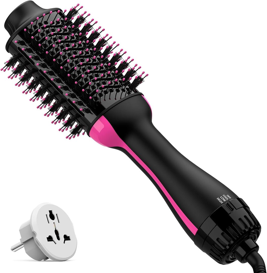 Dual Voltage Hair Dryer Brush with Negative Ion Anti-frizz Styler - Hot Air Volumizer for 110V-120V/220V-240V European and Travel Use (Black/Rose Red)