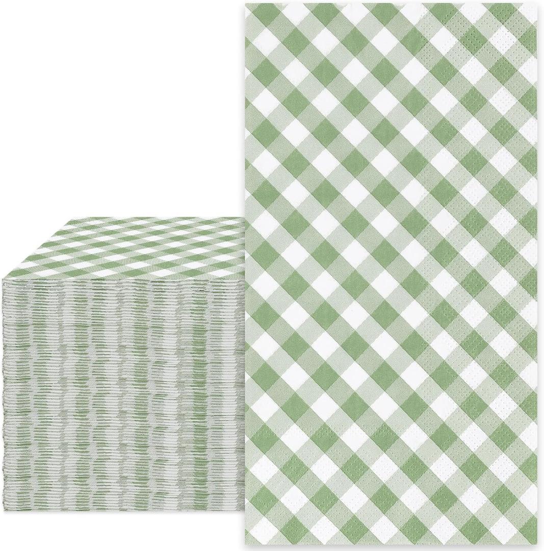 Whaline Sage Green Guest Paper Napkins Diagonal Plaid 3 Ply Disposable Napkins Checked Dinner Hand Napkin Towel for Wedding Birthday Party Supplies Table Decor, 80Pcs