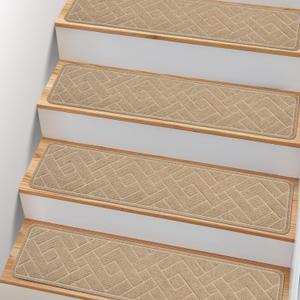 Non Slip Stair Treads for Wooden Steps,15 Pack 8" X 30" Stairs Carpet Treads Indoor with Reusable Peel and Stick Adhesive for Kids Elders and Pets,Polyester TPR Backing (Beige)