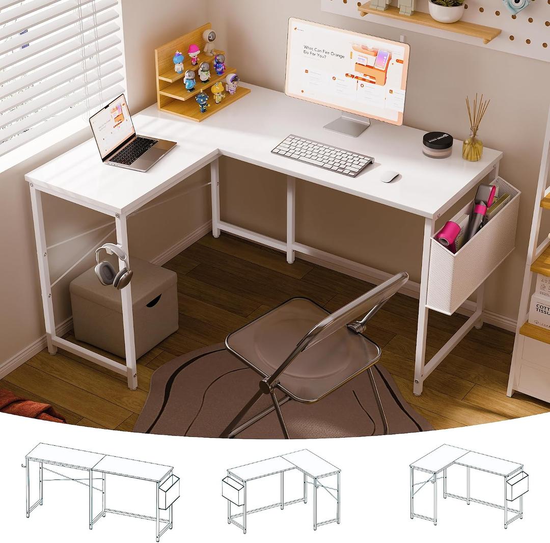 Pamray 47 Inch Reversible L Shaped Gaming Desk Corner Computer Desk with Storage Bag Home Office Table for Writing Study White