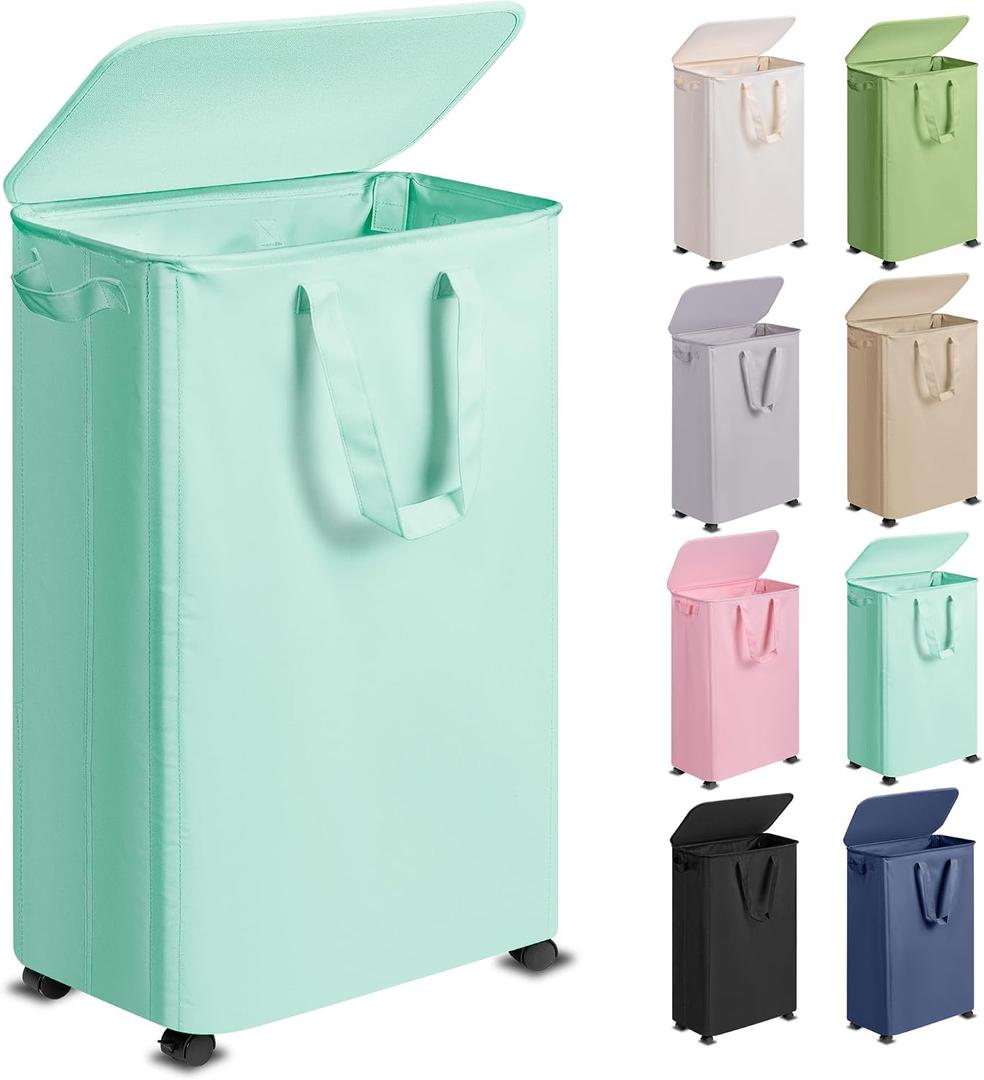 Vincona Slim Laundry Hamper with Lid and Wheels, Small Rolling Laundry Basket with Handle for Small Spaces, Tall Dirty Clothes Hampers for Dorm, Bathroom and Bedroom, 75L, Light Blue