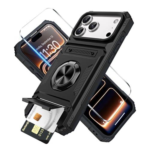 Benbenjaytek for iPhone 17 Pro Max Wallet Case with Card Holder + 1 Screen Protector, (2 Cards) & 360°Ring Kickstand Military Grade Drop Shockproof Rugged Case for iPhone 17 Pro Max 6.9"(Black)