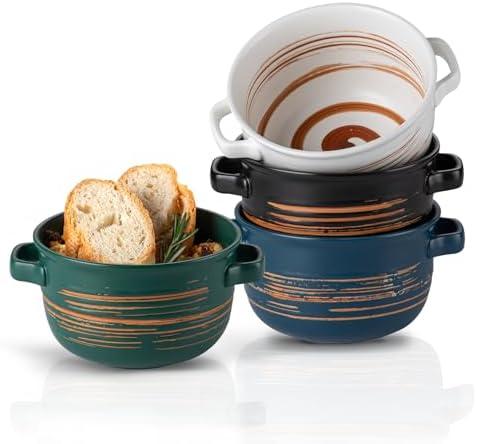 YUN TAO French Onion Soup Bowls with Handles, Ceramic Soup Serving Bowl Crocks 32 Ounces for Cereal,Ramen,Chilli, Beef Stew, Pot Pies, Oven Safe, Set of 4
