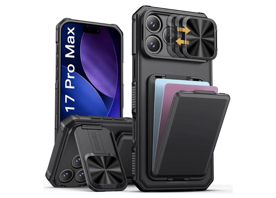 SSLOTSCASE for iPhone 16 Pro Max Case with 2X Screen Protector, Sliding Lens Cover & Kickstand & Credit Card Holder, Military-Grade Protection Rugged Phone Cover for iPhone 16 Pro Max, Black