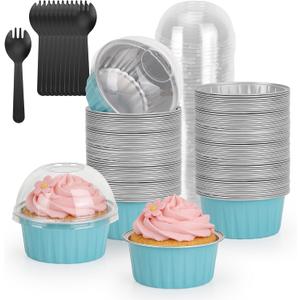 100-Pack 5 oz Mint Blue Mini Cake Pans with Lids, Disposable Aluminum Foil Baking Cups, Muffin Tins, Ramekins for Cupcakes, Brownies, Flan, Pudding - Baby Shower, Bridal Shower & Birthday Party