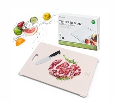 Tempered Glass Cutting Board Set, Large 16"x12" Glass Cutting Board for Kitchen with 4 Non-Slip Feet, Heat & Shatter Resistant Glass Cutting Board Dishwasher Safe, Perfect Kitchen Gift & Decor - Beige