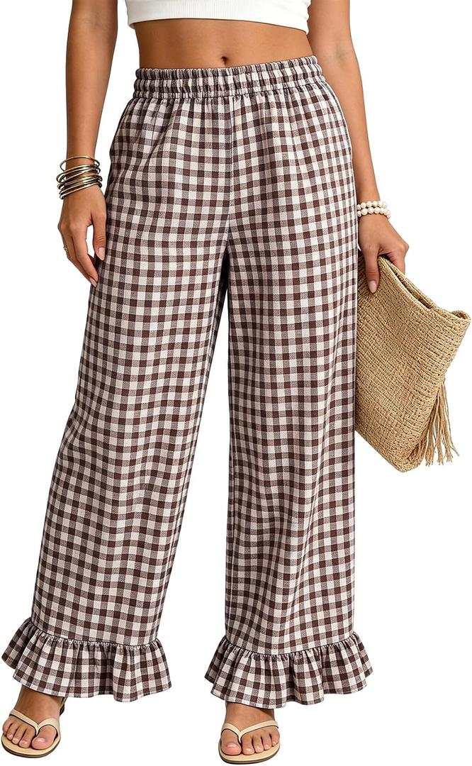 Flygo Womens Gingham Pants Cotton Wide Leg Ruffle Lounge Trousers (M)