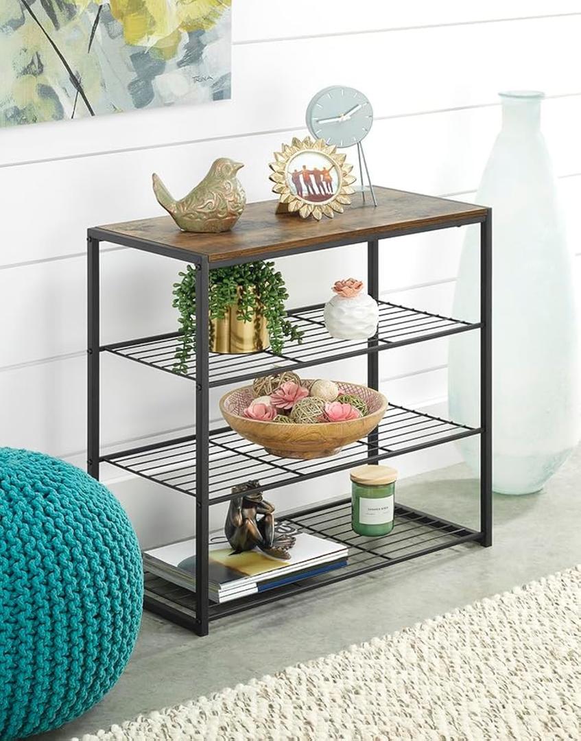 Whitmor Modern Industrial 4-Tier Shelf with Woodgrain Top, Entryway Storage Organizer for Shoes, Books & Decor, Freestanding Metal Shelving Unit for Bedroom, Living Room, Kitchen, Easy Assembly.