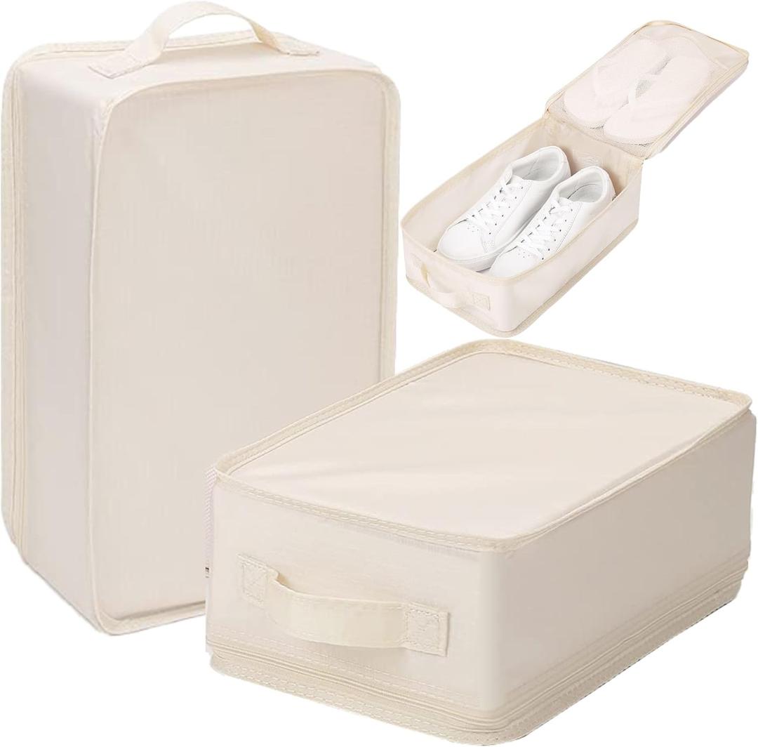 tianzong 2 Pack Plaid Travel Shoe Bag with Carry Handle & Mesh Pocket - Shoe Organizer for Sneakers, Heels, Sandals, Gym, Laundry (Beige)