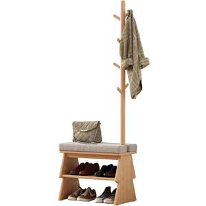 Coat Rack with Shoe Storage,Shoe Rack whit 8 Hook for Offices、Bedroom、Living Room,Small Shoe Bench, Natural