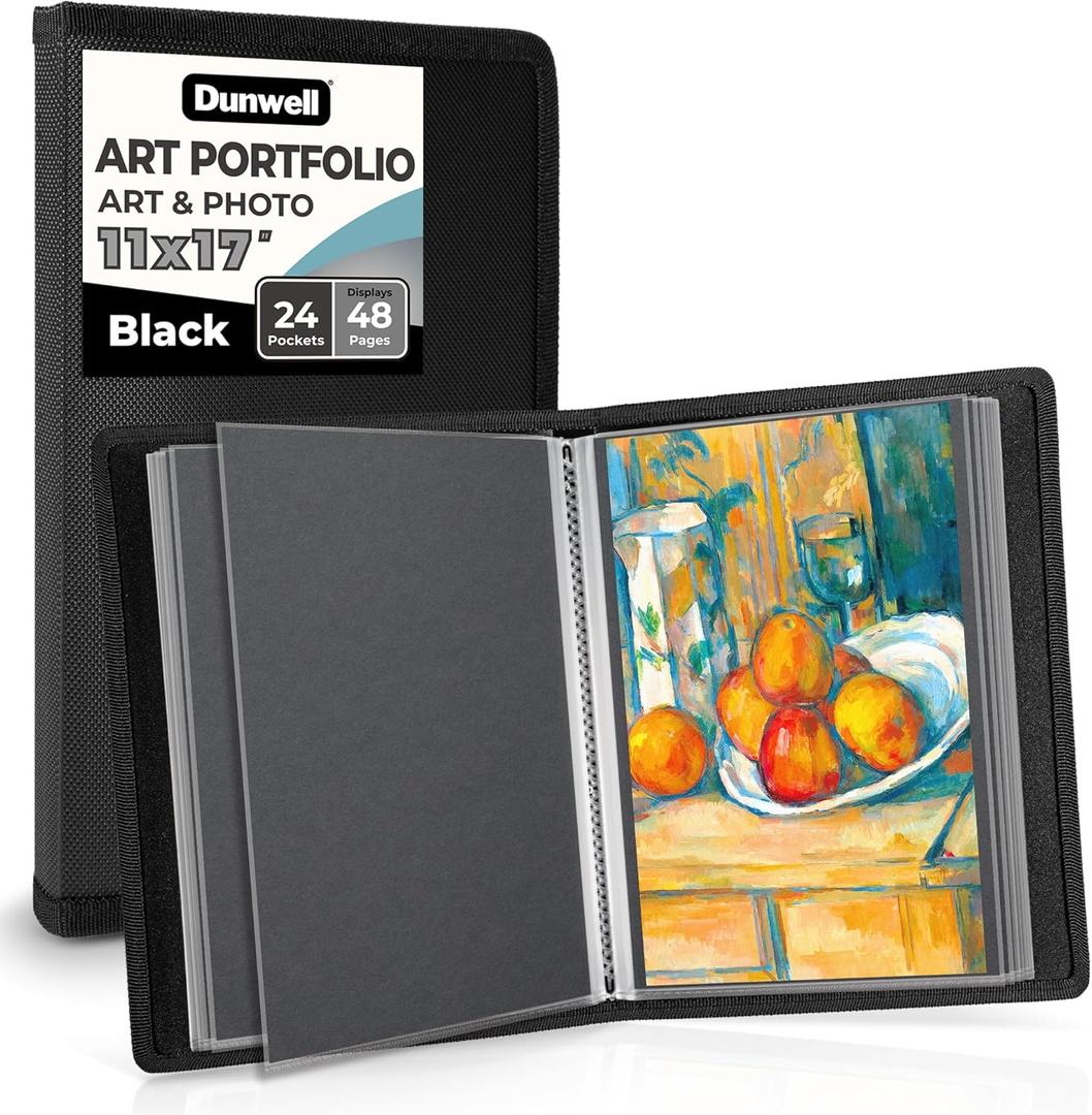 Dunwell 11x17 Art Portfolio Binder with Black Mounting Paper (Black), Large Portfolio Folder for Artwork Storage, 24 Clear Plastic Sleeves, Displays 48 Pages, Acid-Free 11 x 17 Presentation Book