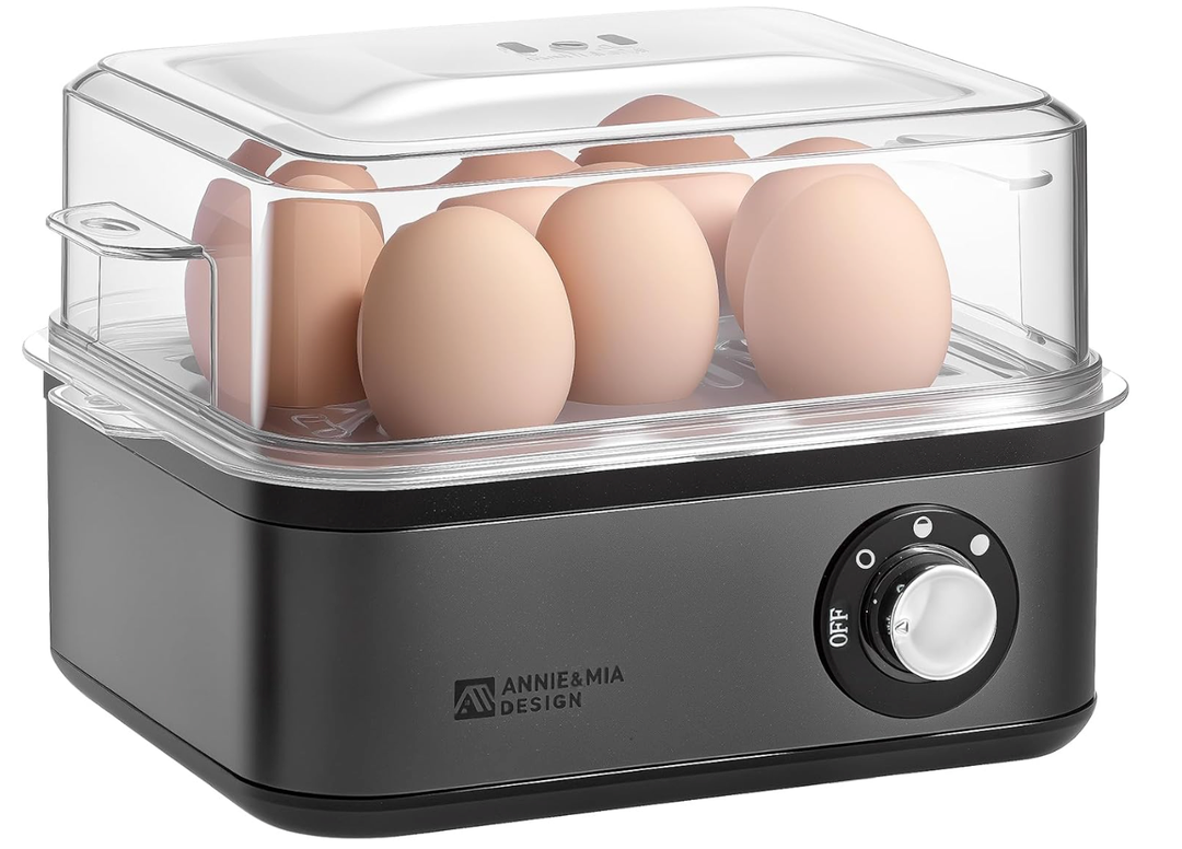 Annie & Mia Design Stainless Steel Electric Rapid Egg Cooker, 8 Egg Capacity 500W, Soft/Medium/Hard Boiled Egg Boiler Poacher Steamer Omelet Maker, Knob Auto ShutOff, with Recipe Guide Book (Black)