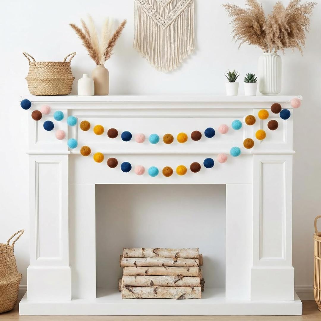Boao 2 Pack Boho Pom Pom Garland Spring Decorations 12 ft Cute Hanging Colorful Ball Garland Banner, Spring Home Decor for Mantle, Fireplace, Wall, Classroom Christmas Tree, Birthday Party Supplies