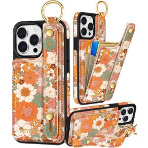 Petitian for iPhone 14 Pro Max Case with Wallet - Women Girls Cute Girly Aesthetic Unique Design Leather Credit Card Holder Cardholder Stand Wristband for iPhone 14 Pro Max, Orange Floral