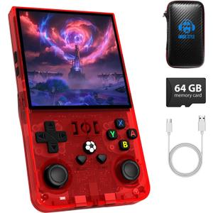 R36MAX Handheld Game Console, Retro Gaming Console with 4000mAh Battery 4.0IPS Screen, Open Source Linux System, with 64GB TF Card Portable Video Gaming Console, Transparent Ruby