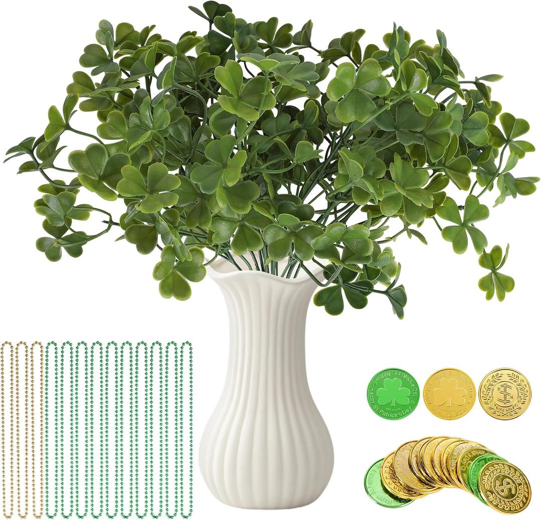 Watayo 26 Pcs St. Patrick's Day Branches Picks with Beaded Coins, Artificial Shamrock Plant Bunch Beads Chain Coins, Irish Faux Clover Flower Greenery Stems Decor for Vase Filler Table Centerpiece