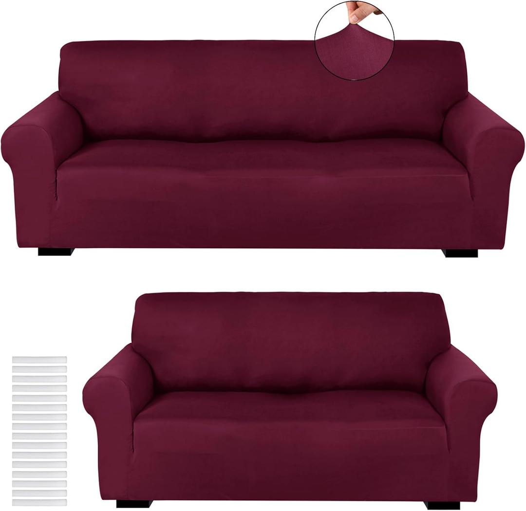 Peryiter 2 Pcs Sofa Covers Loveseat Couches Covers for Living Room Slipcover Set Furniture Protector for Couch Arm Chair, Form Fit Stretch, Wrinkle Proof(Burgundy,Milk Silk)