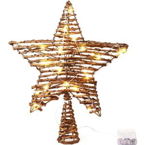 Threan Christmas Rattan Star Treetop, 14 Inch Burlap Rattan Star Tree Topper with Warm Lights Rustic Xmas Treetop Decoration for Christmas Tree Ornament Home Party Indoor (10 Lights)