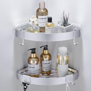 DUFU Adhesive Corner Shower Caddy with Hooks,Bathroom Shower Organizer, No Drilling Rust Proof Aluminum Shower Shelf for Inside Shower 2 Pack (Silver)