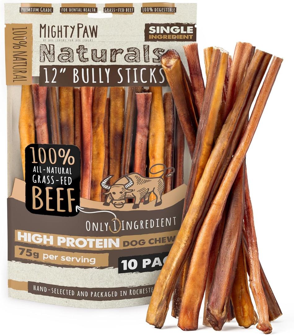 Mighty Paw Naturals Bully Sticks, Grass-Fed Beef Chews, 12", 10 Pack (EXP 04/28/28)